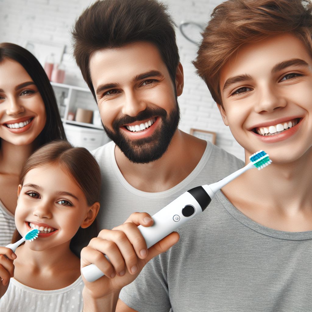 Familia cepillándose los dientes con cepillos electríceos